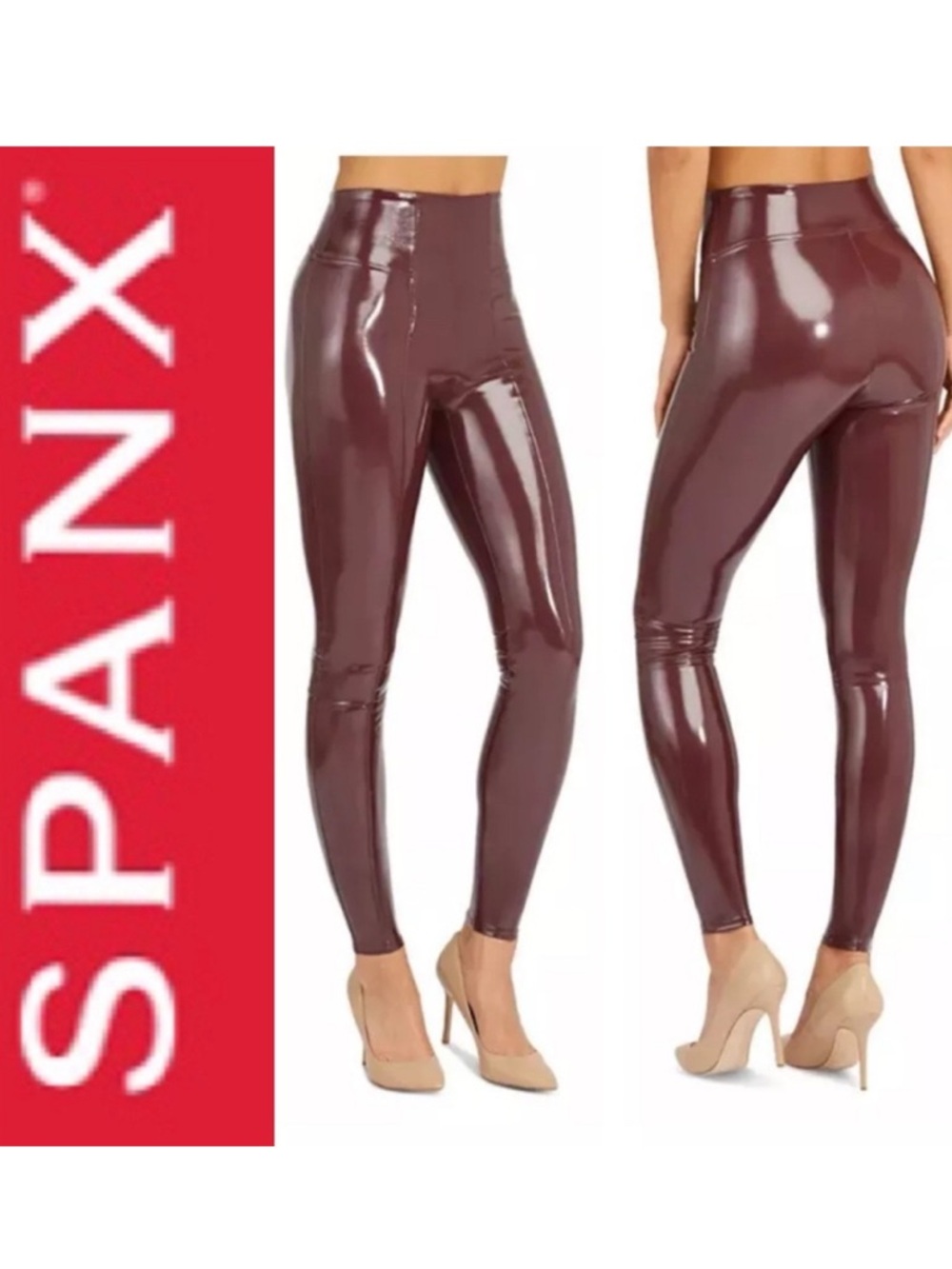 NWT Spanx High Rise Faux Patent Leather Leggings Ruby Stretch Glossy